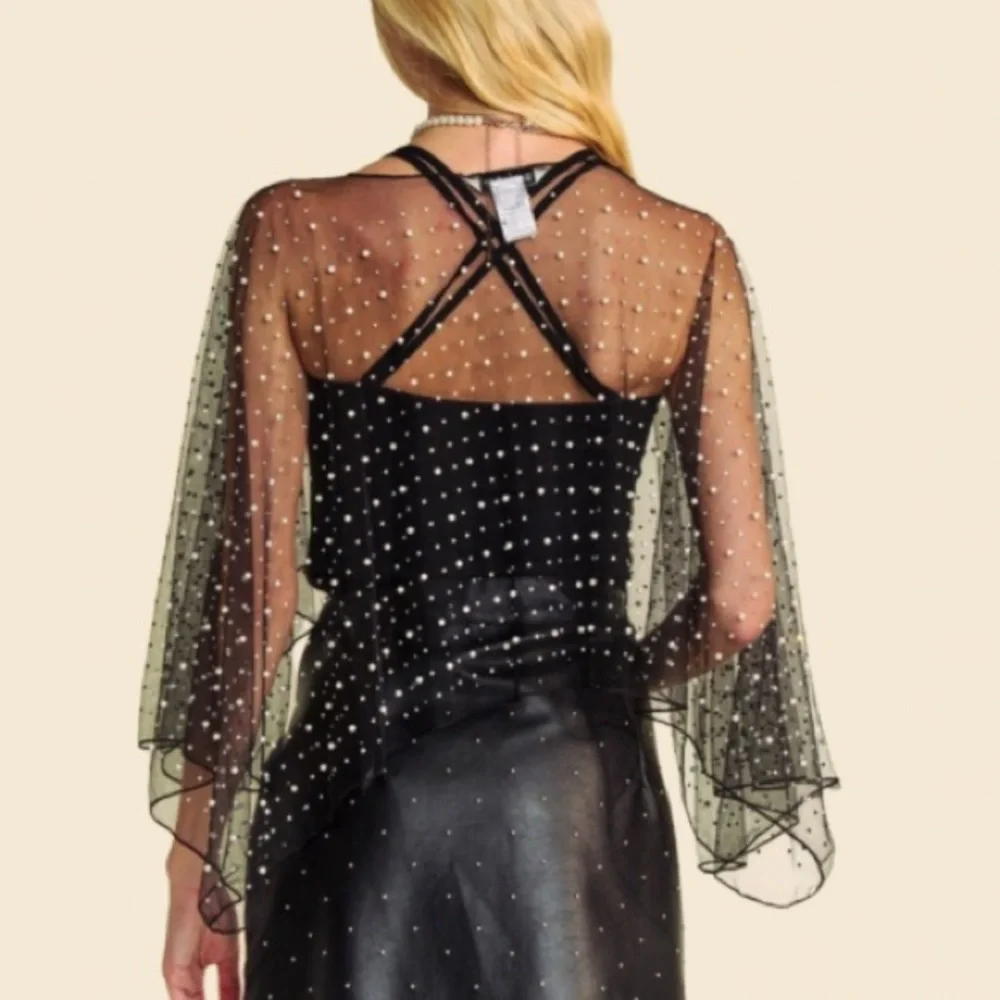 NEW TRENDING SO PRETTY PEARL RHINE STONE EMBELLISHED MESH TOPPER CAPE - Picture 4 of 7